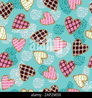 Seamless pattern with heart shaped gingerbread with sugar icing on a blue background. Cute vector illustration Stock Vector