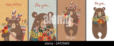 Set of cards with Hand drawn cute bears. Childish vector Stock Vector