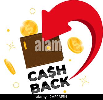 Cashback loyalty program concept. Wallet with returned coins to bank account. Refund money service design. Bonus cash back in purse symbol vector illustration Stock Vector