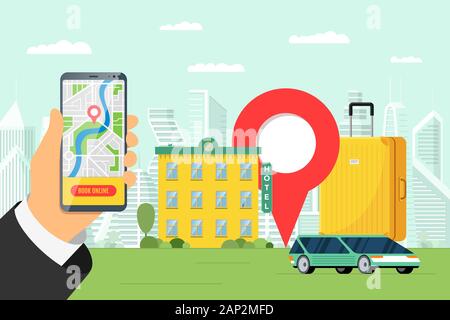 Hotel booking and car sharing online service for vacation tourism concept. Travel apartment and transport mobile reservation. Motel baggage suitcase and location pin on smartphone vector illustration Stock Vector