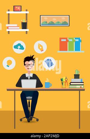 Designer working on laptop at workplace office Stock Vector