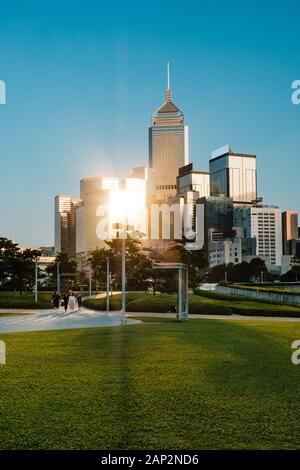Public park with skyline background, Hong Kong Stock Photo
