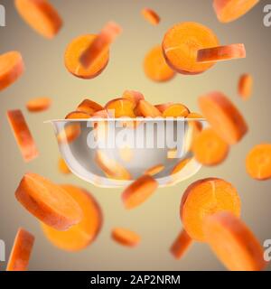 Set of cut fresh ripe carrot flying on background Stock Photo