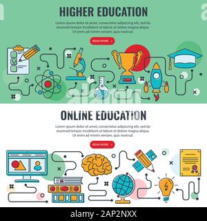 Education Horizontal Banners with Line Icons Stock Vector