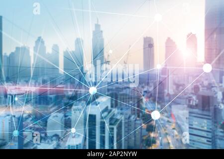 Abstract mesh line and point. Connection and interaction on office background Stock Photo