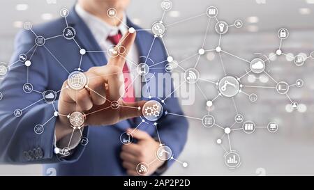 Technology industrial business process workflow organisation structure on virtual screen. IOT smart industry concept mixed media diagram. Stock Photo
