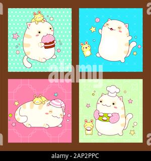 Collection of stickers or square cards with cute friends. Cat and rabbit in kawaii style in different situations eating, sleeping, running, playing. E Stock Vector
