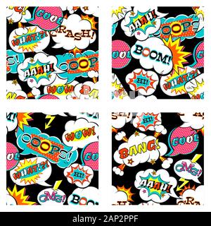 Set of seamless patterns with comic speech bubble, explosions and clouds with inscription: boom, wow, crash, cool. Endless texture can be used for pat Stock Vector