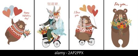 Set of Hand drawn cute animals: on the bicycle, with bouquet of flowers and balloons for decoration cards or posters. Childish vector illustration on Stock Vector