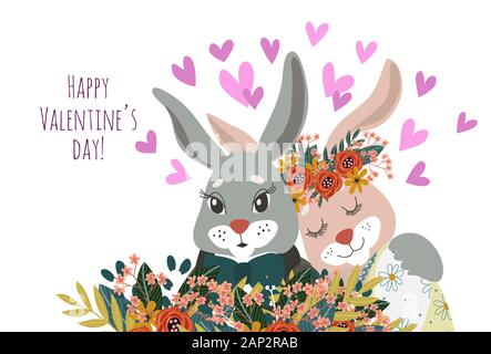 Couple of rabbits in love close-up with flowers and hearts isolated on a white. Cute hand-drawn vector valentines day card. Stock Vector