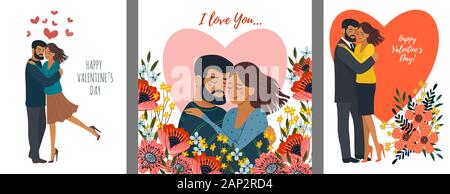 Set of holiday cards with hugging couple and flowers. Cute flat valentines day vector Stock Vector