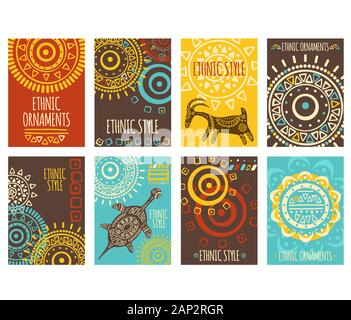 Set of ethnic banner, background, flyer, placard with tribal ornaments of red, yellow, blue and brown colors. Vertical vector poster, template card, s Stock Vector