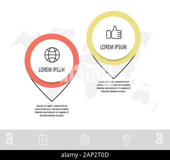 Vector infographic with 2 pins and circles. Used for two diagrams, graphs, flowchart, timeline, marketing, presentation. Creative business concept ste Stock Vector