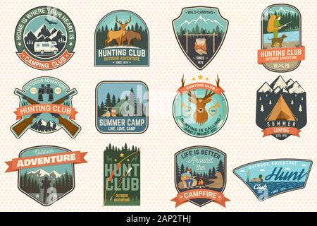 Summer camp and Hunting club patches.Vector. Concept for shirt or logo, print, stamp, patch. Patch design with rv trailer, camping tent, campfire, hunter, man with guitar, forest silhouette Stock Vector