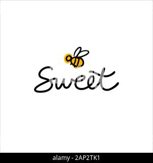 Hand drawn lettering Sweet with cartoon bee. Logo concept for honey shop, bakery, cake shop Stock Vector