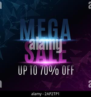 Abstract text banner for Mega Sale. Cover for your business project. Geometric design from random polygonal shapes. Neon light with triangles. Vector Stock Vector