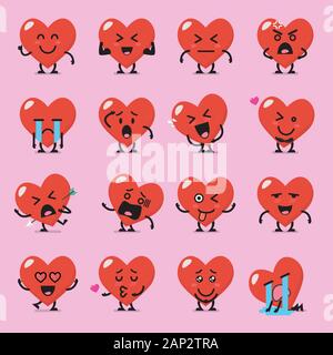 Heart character emoji set. Funny cartoon emoticons Stock Vector