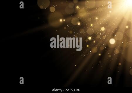 Golden flash of light with glares bokeh with glitters on a black background. Rays of light. Vector illustration. EPS 10 Stock Vector
