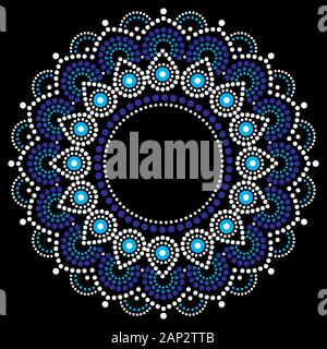 Abstract mandala with dots, circles, ethnic Australian geometric composition in white and blue on black background Stock Vector