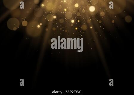 Golden flash of light with glares bokeh on a black background. Rays of light with glitter. Vector illustration. EPS 10 Stock Vector