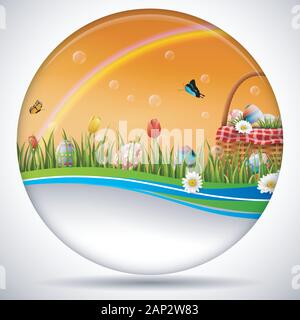 Easter greeting card with a full basket of colorful eggs and flowers in the grass Stock Vector