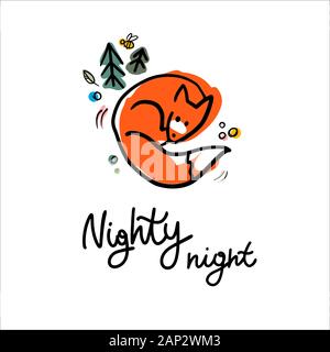 Funny orange fox sleeping in the forest vector illustration. Nighty night hand drawn typing. Invitation carts, postcard, logos, prints. Stock Vector