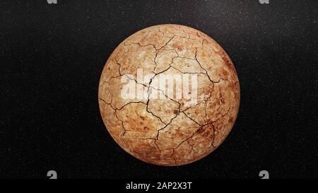 Dry and dead planet 3D CGI Render with camera movement, sun flares and stars in space surface with lots of cracks and erosion Stock Photo