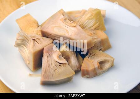 Canned Jackfruit young tender pieces on the plate. Healthy vegan meat replacement and it's one of the food trends due to it's meat like texture. Stock Photo
