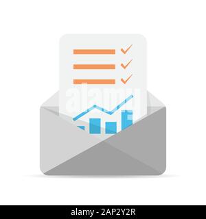 Envelope icon with checklist inside. Opened envelope with checklist, isolated on white background. Vector illustration. Stock Vector