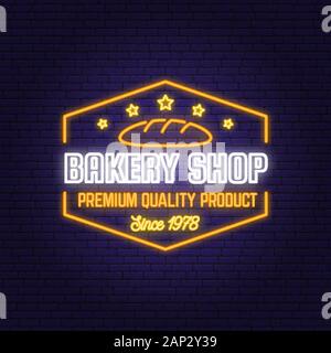 Bakery shop neon bright signboard, light banner. Vector. Concept for badge, shirt, label, print, stamp or tee. Neon design with bread, text, fresh loaf,silhouette. Template for restaurant identity