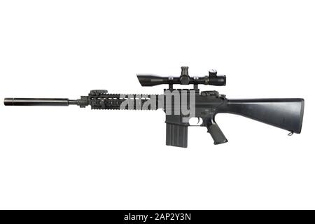 AR-15 based sniper rifle with silencer isolated on a white background Stock Photo