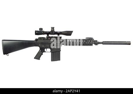AR-15 based sniper rifle with silencer isolated on a white background Stock Photo
