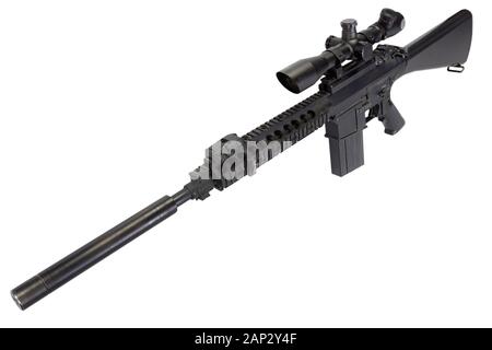 AR-15 based sniper rifle with silencer isolated on a white background Stock Photo