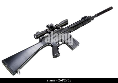 AR-15 based sniper rifle with silencer isolated on a white background Stock Photo