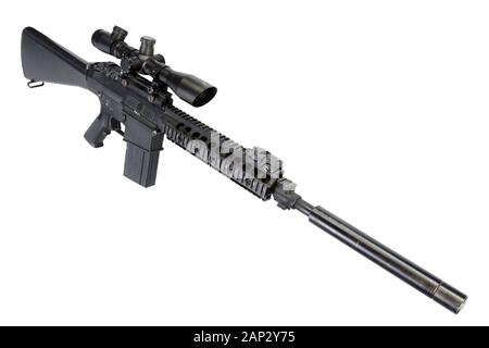 AR-15 based sniper rifle with silencer isolated on a white background Stock Photo