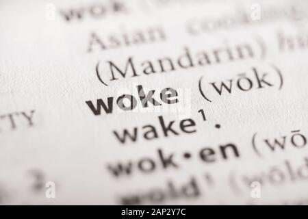 Selective focus on the word woke. Many more word photos in my portfolio. Stock Photo
