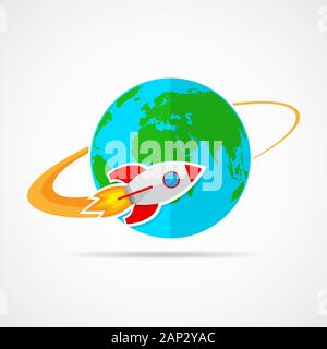 The spacecraft flies around the Earth. Colored space rocket with Globe Earth in flat design. Vector Illustration. Stock Vector