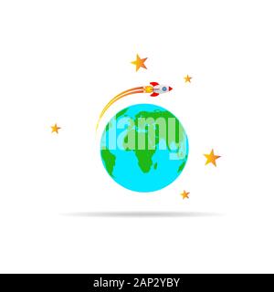 The spacecraft flies around the Earth. Colored space rocket with Globe Earth in flat design. Vector Illustration. Stock Vector