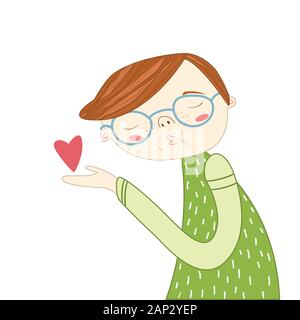 Sweet flat illustration with boy with glasses sends an air kiss, red heart . Cute vector illustration for Valentine's day. Loving boy. Sorry card Stock Vector