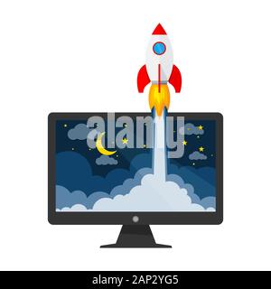 The spacecraft crashes outside monitor screen . Vector Illustration. Concept of business start-up. Stock Vector