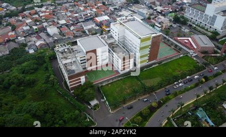 Bekasi, West Java, Indonesia - January 21 2020: Overhead aerial view of the circular shaped Bekasi highway, located in Summarecon Bekasi. Indonesia Stock Photo