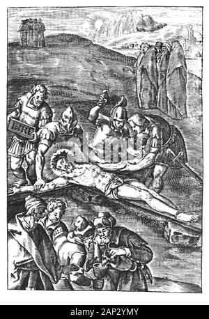Antique vintage religious allegorical engraving or drawing of Christian Jesus crucified or crucifixion or nailed to wooden cross by Roman soldiers.Illustration from Book Die Betrubte Und noch Ihrem Beliebten..., Austrian Empire,1716. Artist is unknown. Stock Photo