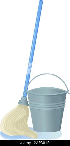 Cartoon swab with bucket stock vector illustration. Mop wipes a puddle. Cleaning services, household concept. Equipment for housework elements Stock Vector