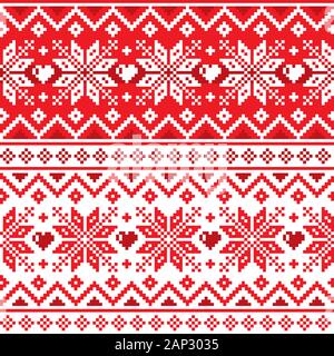 Winter, Christmas Fair Isle style traditional knitwear vector seamless geometric pattern with snowflakes, hearts Stock Vector