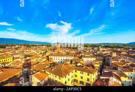 Lucca panoramic aerial view of city and medieval Guinigi tower and its trees. Tuscany, Italy, Europe. Stock Photo