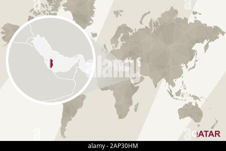 Zoom on Qatar Map and Flag. World Map. Stock Vector