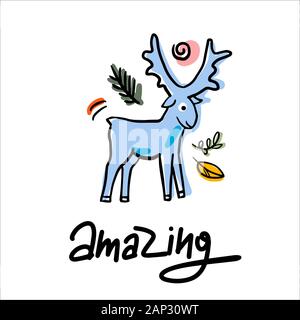 Funny blue moose vector illustration. Amazing hand drawn typing. Invitation carts, postcard, logos, prints. Stock Vector