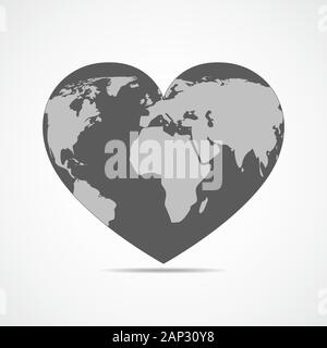 Map world on gray heart globe, isolated on white background. Vector illustration. Heart with earth map. Stock Vector