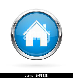 Closed icon. Blue shiny 3d button with metal frame and locked home symbol Stock Vector