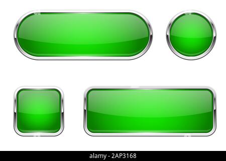 Web buttons. Green shiny icons with chrome frame Stock Vector